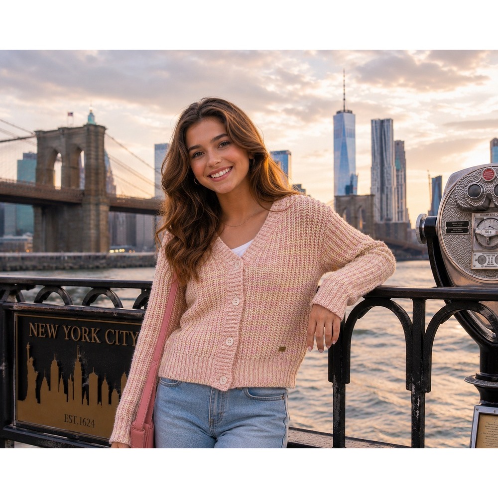 DKNY Girls Pink Cream Marled Knit Cardigan Button Front Long Sleeve Sweater